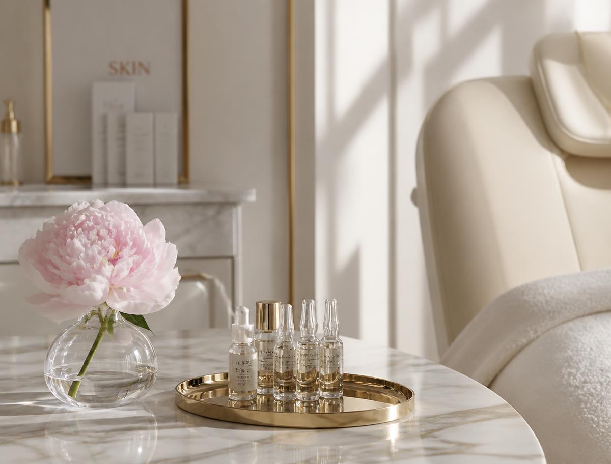 Marble treatment room detail with gold tray, serum vials and a pale pink peony